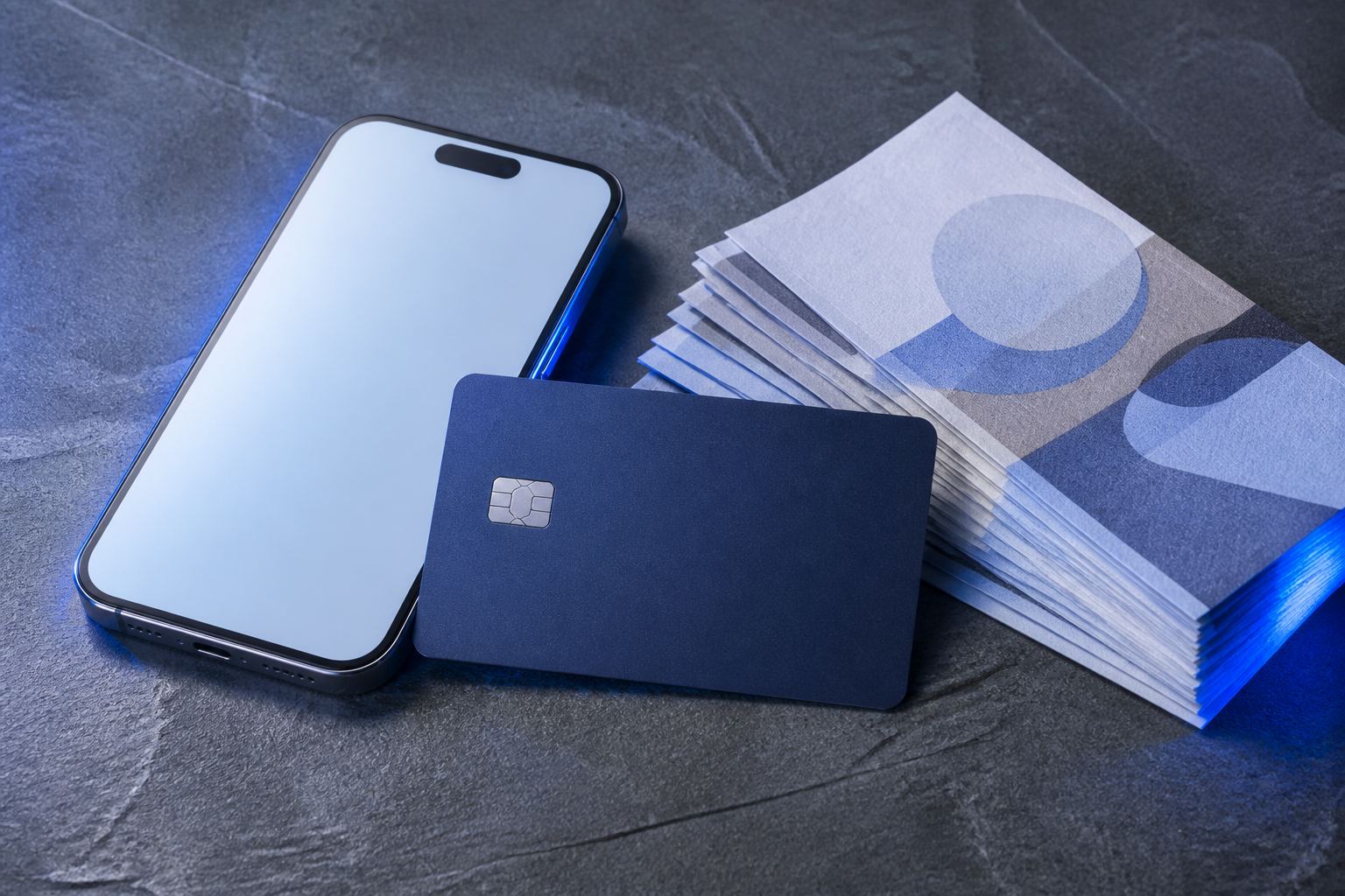 Tarjeta genérica y teléfono sobre una mesa, sin marcas bancarias.