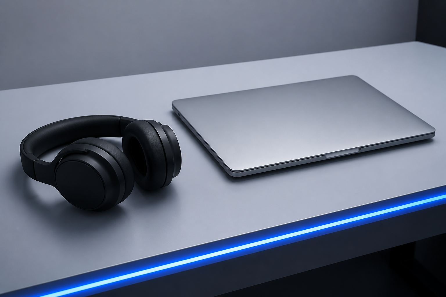 Auriculares y notebook en un escritorio claro.
